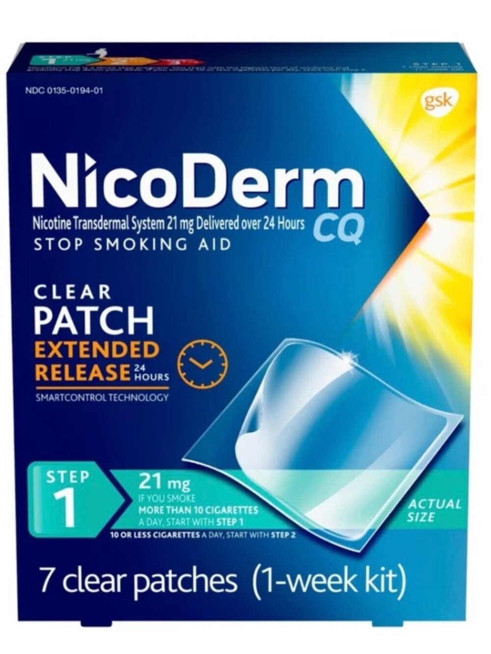 NICODERM CQ (Step 1) Ext Release Nicotine Patches (21 Mg) 7 Count (NEW IN BOX!)